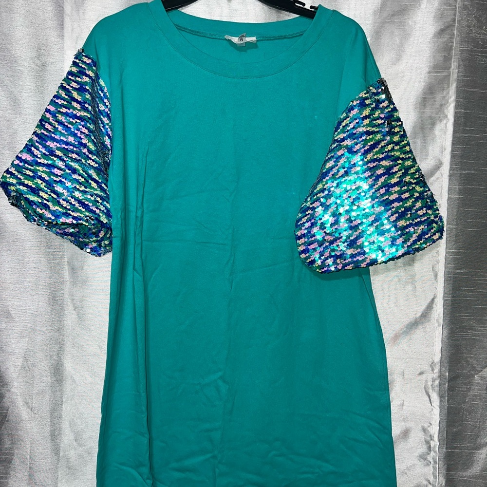 Fantastic Fawn Teal Midi Dress with Sequin Sleeves
